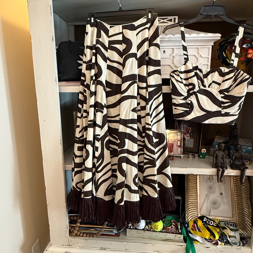 ANTONIO MELANI Style Somers Swirl Print Linen Blend Straw Trim Two Piece sz 0 - Picture 6 of 7